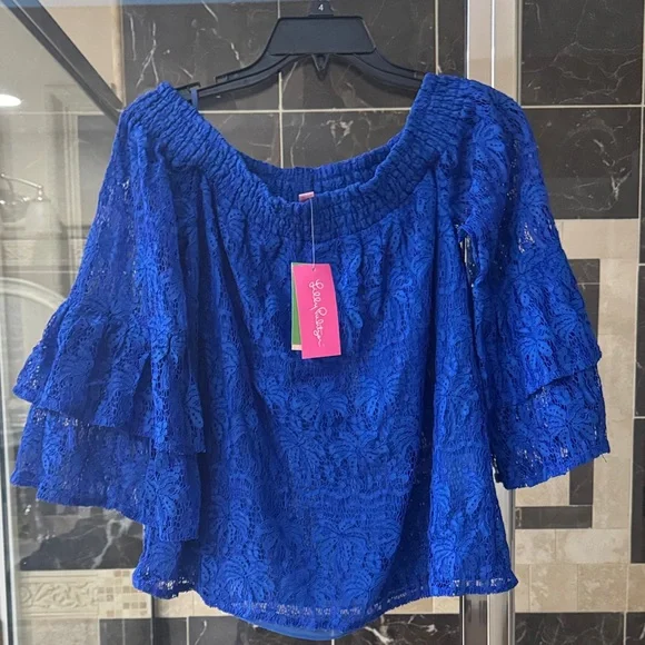 Lilly Pulitzer Royal Blue Lace Off-Shoulder Ruffle Sleeve Top, size M, NWT. - Picture 1 of 4
